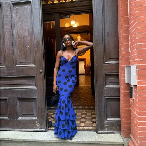 Zara Elegant Blue Maxi Dress with Black Dots - Picture 3 of 3